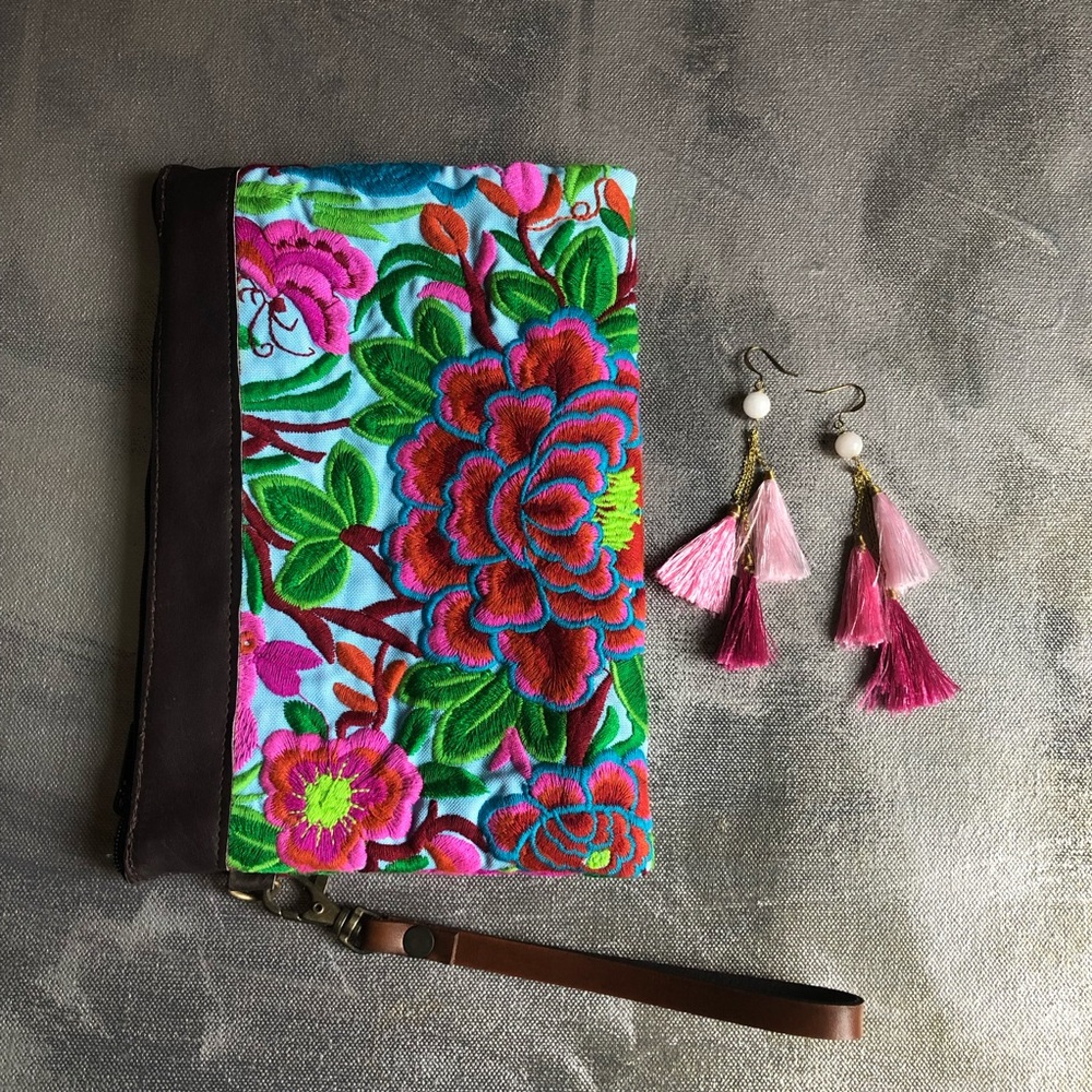 NWT - Embroidered Floral Clutch blue, purple, pink